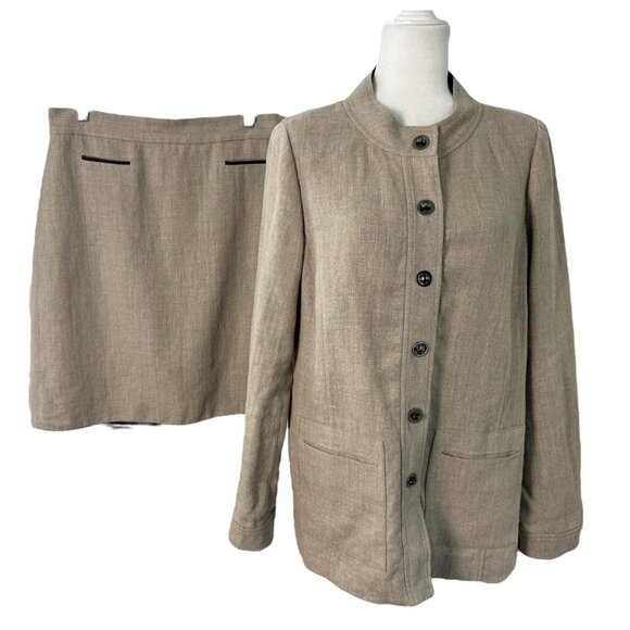 WORTH 100% Linen Tan Skirt Set Long Blazer Jacket w Pencil Skirt Women's M/10 - Picture 9 of 9